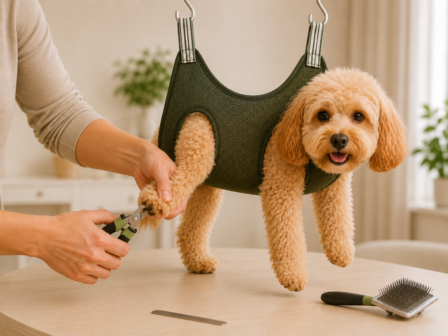 Trimming a dog's nails while the SlingCalm Pro grooming hammock supports the dog
