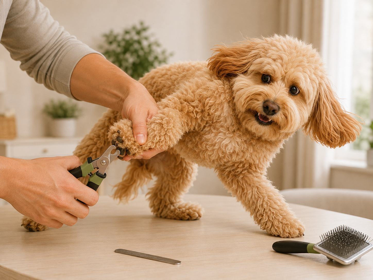 Trimming a dog's nails by hand without a grooming support