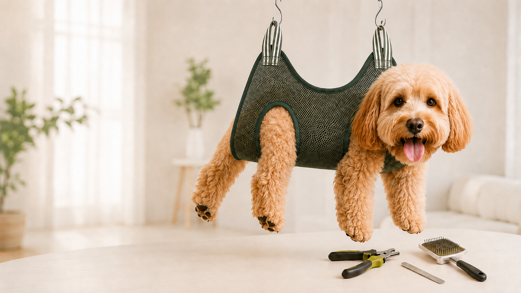 SlingCalm Pro grooming hammock supporting a happy dog during at-home grooming