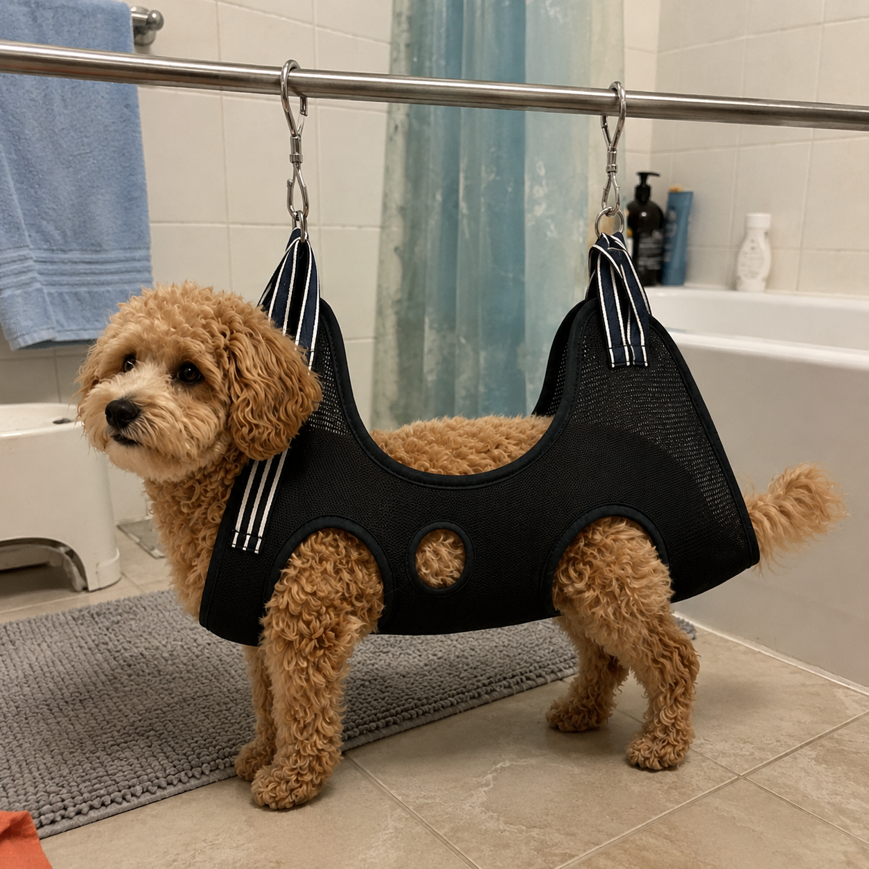 Customer photo of the SlingCalm Pro grooming hammock in use