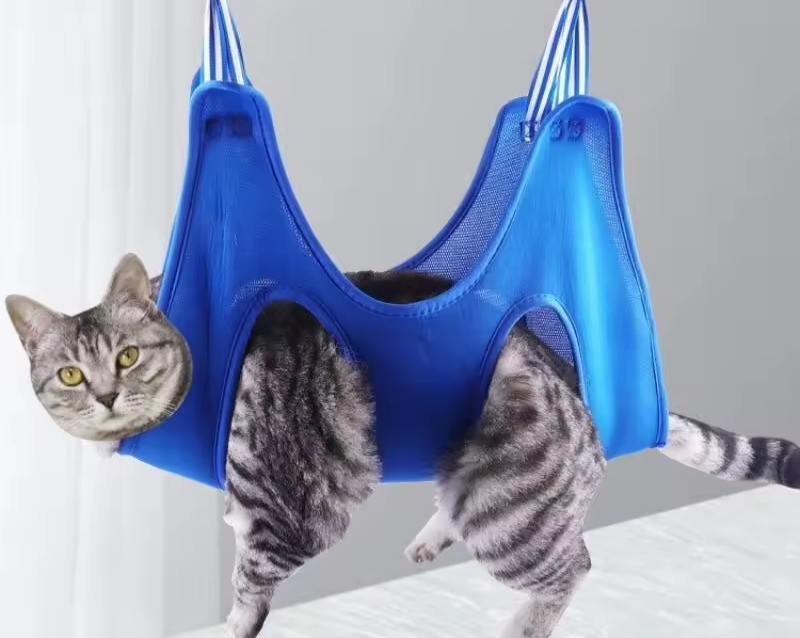 Customer photo of the SlingCalm Pro grooming hammock in use